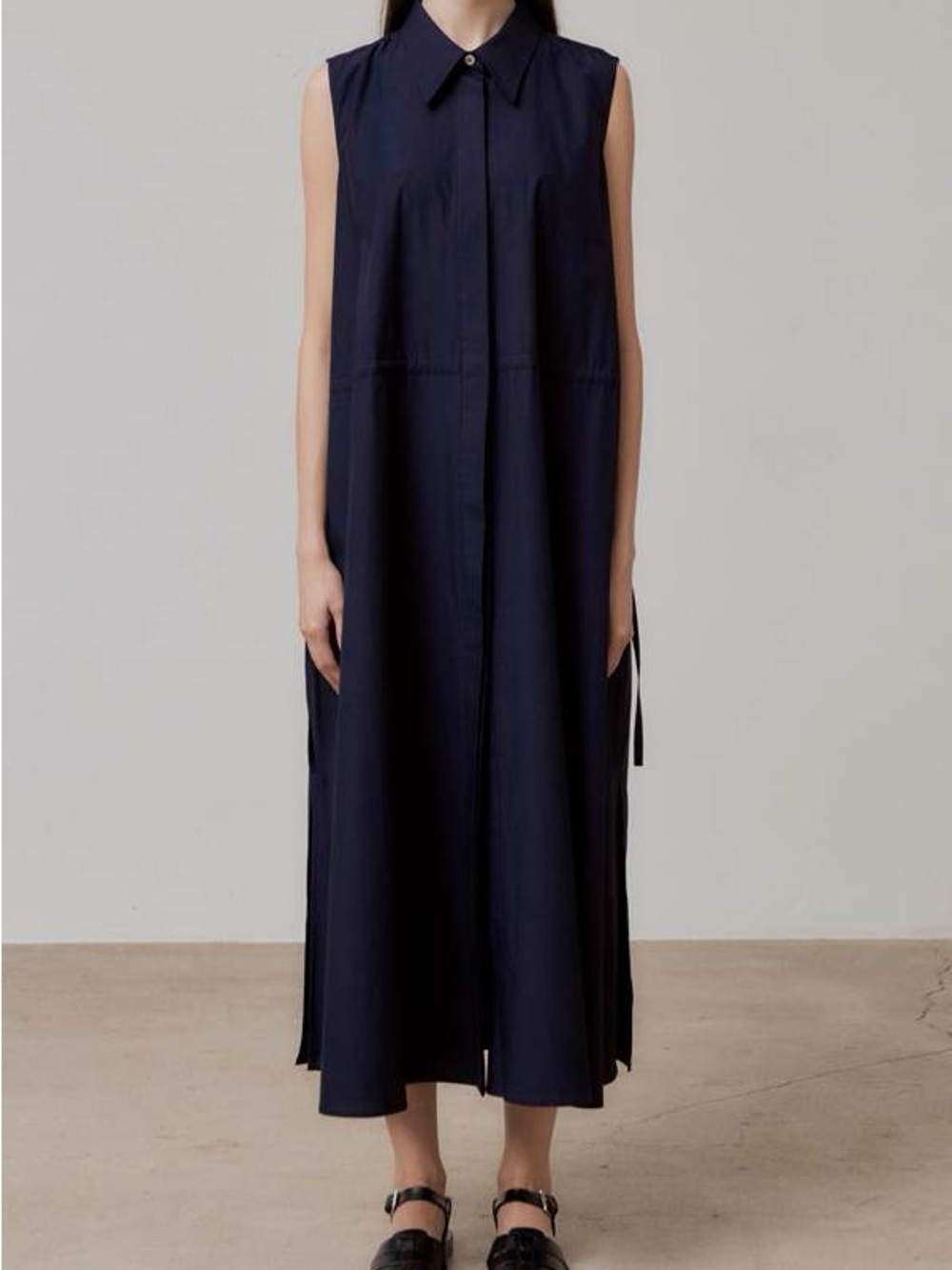 VIS Ā VIS Luxury Gathered A-Line Sleeveless Midi Shirtdress Navy